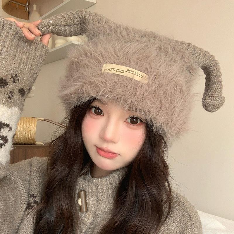 Plush Knitted Hat Autumn and Winter Korean Version Warm Ear Protection Cold Proof Woolen Hat Personalized Horn Big Head Cold Hat for Women