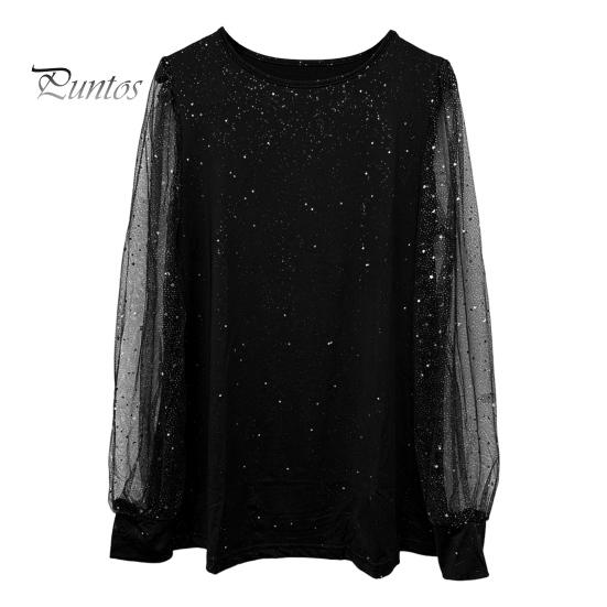 

Женская футболка с круглым вырезом, прозрачные блестящие топы с длинным рукавом, однотонные, свободного кроя, повседневные топы для повседневной носки 4XL чёрный