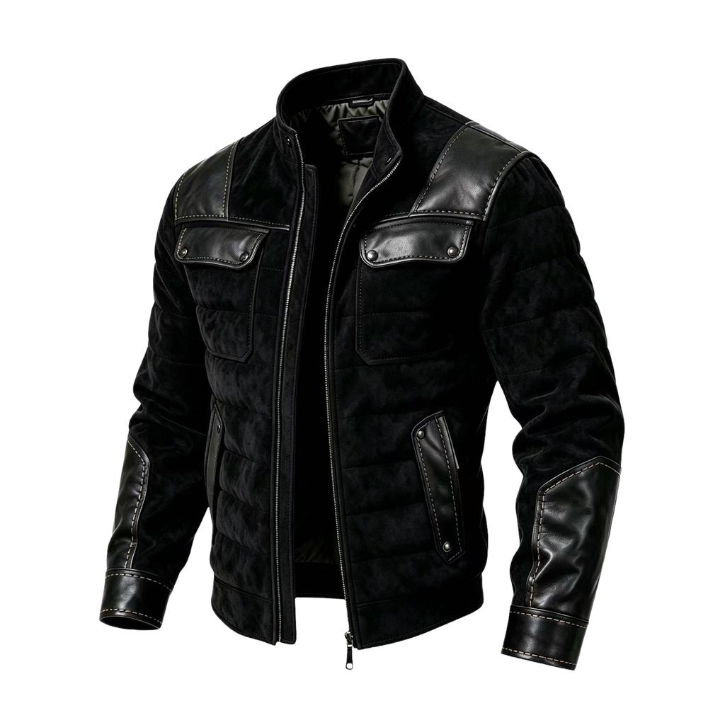 Giacca Imbottita Calda Casual da Uomo con Patchwork in Pelle, Collo Alto, Chiusura a Zip