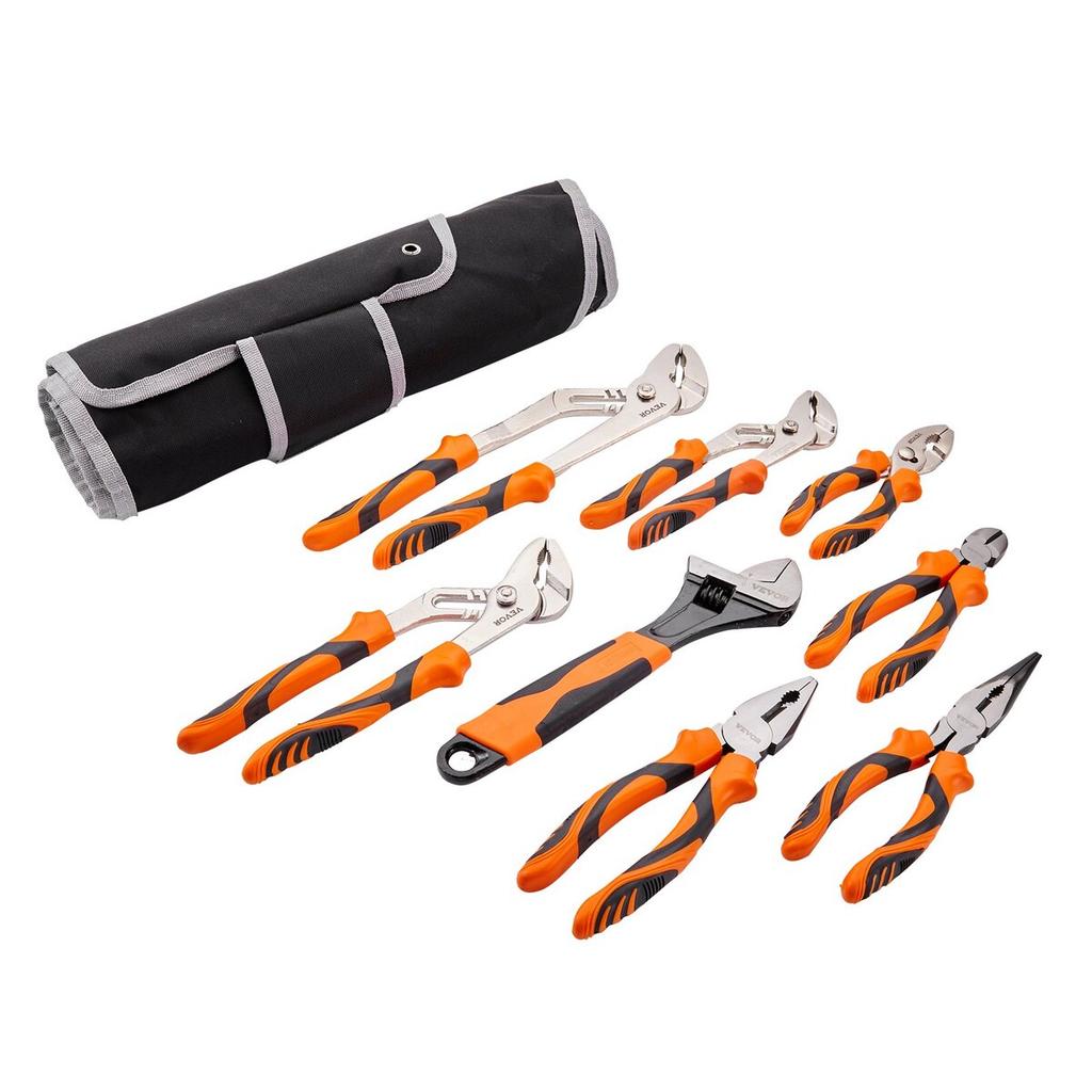 Pliers Set, 8-Piece, High Carbon Steel, 12"/10"/8" Groove Joint Pliers, 8" Linesman's Pliers, 6" Slip Joint Pliers, 8" Long Nose Pliers, 6" Diagonal
