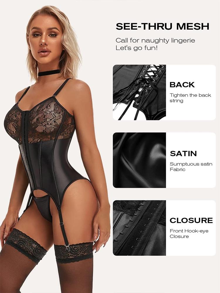 Leather Sexy Bodysuit Lingerie Strappy Open Anal Lace Push Up Bra Shapewear Gather Underwear Women Hot Slimming Exotic Apparel