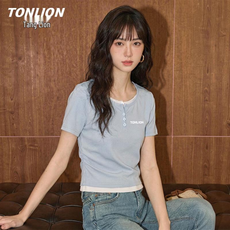 TonLion Women s Contrast Ruched Faux Two-Piece T-Shirt S