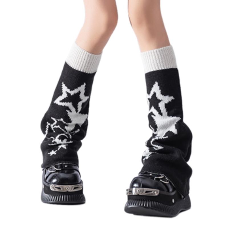 Reversible Knitted Long Tube Leg Warmers with Cute Cats Pattern for Women Punk Grunge Flared Boot Covers Footless Socks