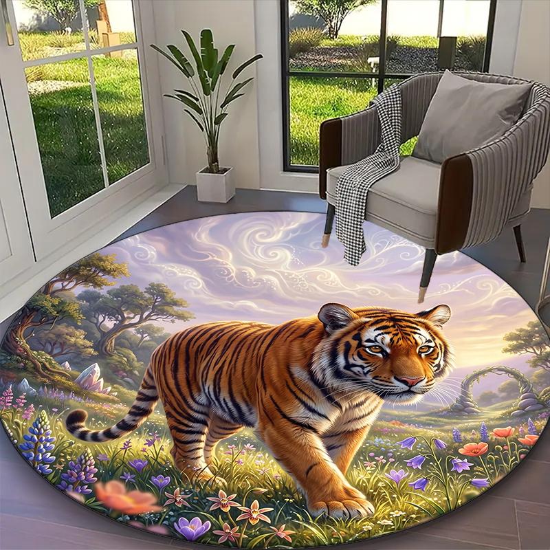 1pc Office Carpet, Stylish Tiger Chair Rug, Living Room Printed Round Rug, Home Chair Floor Mat