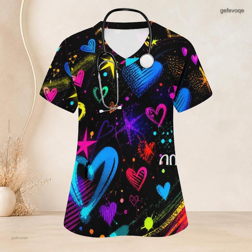 Women Plus Size V Neck Short Sleeve Scrub Top Spiral Tie Dye Patriotic Red White Blue Print Nurse Uniform Top