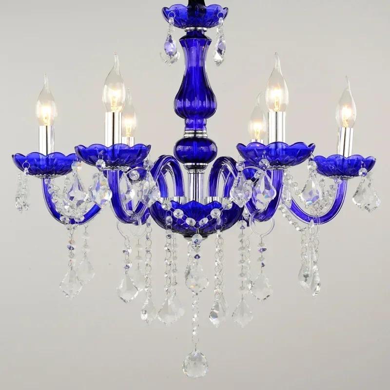 Luxury Blue Crystal Ceiling Chandelier for Living Room Bedroom Decor Hanging Lamps Hotel Restaurant Cafe Lobby Pendant Light