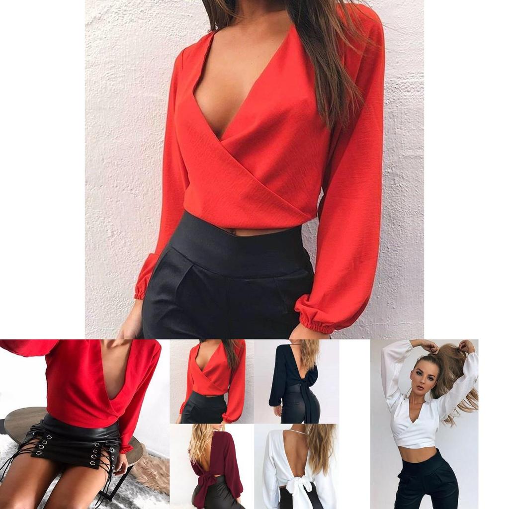 Color Women Solid Long Sleeves Backless Bandage Blouse Cross Loose Tops Bow