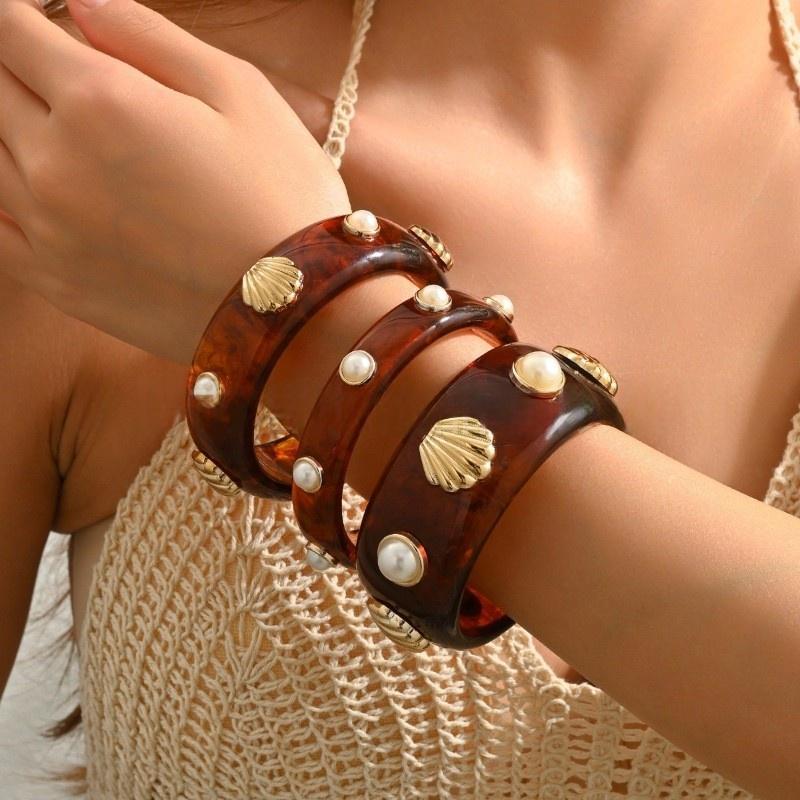 DIEZI Exaggerated Resin Pearl Shell Wide Bangles Vintage Fashion Geometric Round Bracelet Bangle For Women Men Gift Jewelry