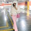 Autumn Winter Lady Cardigan Coat Thickened Plush Hooded Collar Loose Windproof Solid