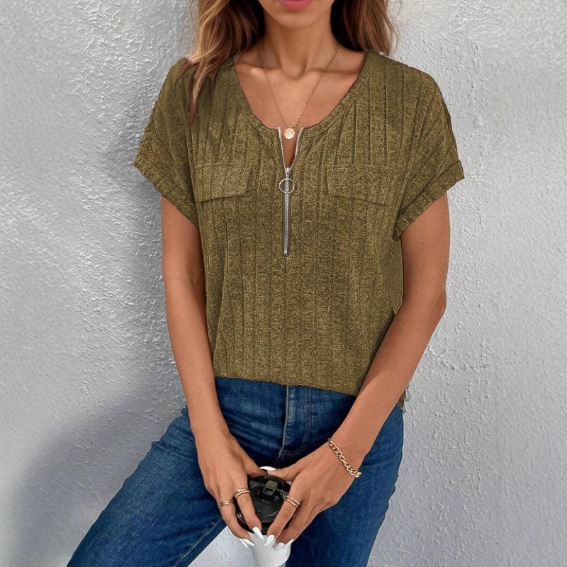 Women's Spring and Summer Zipper Short Sleeve Fake Pocket Pullover T-shirt Loose Top