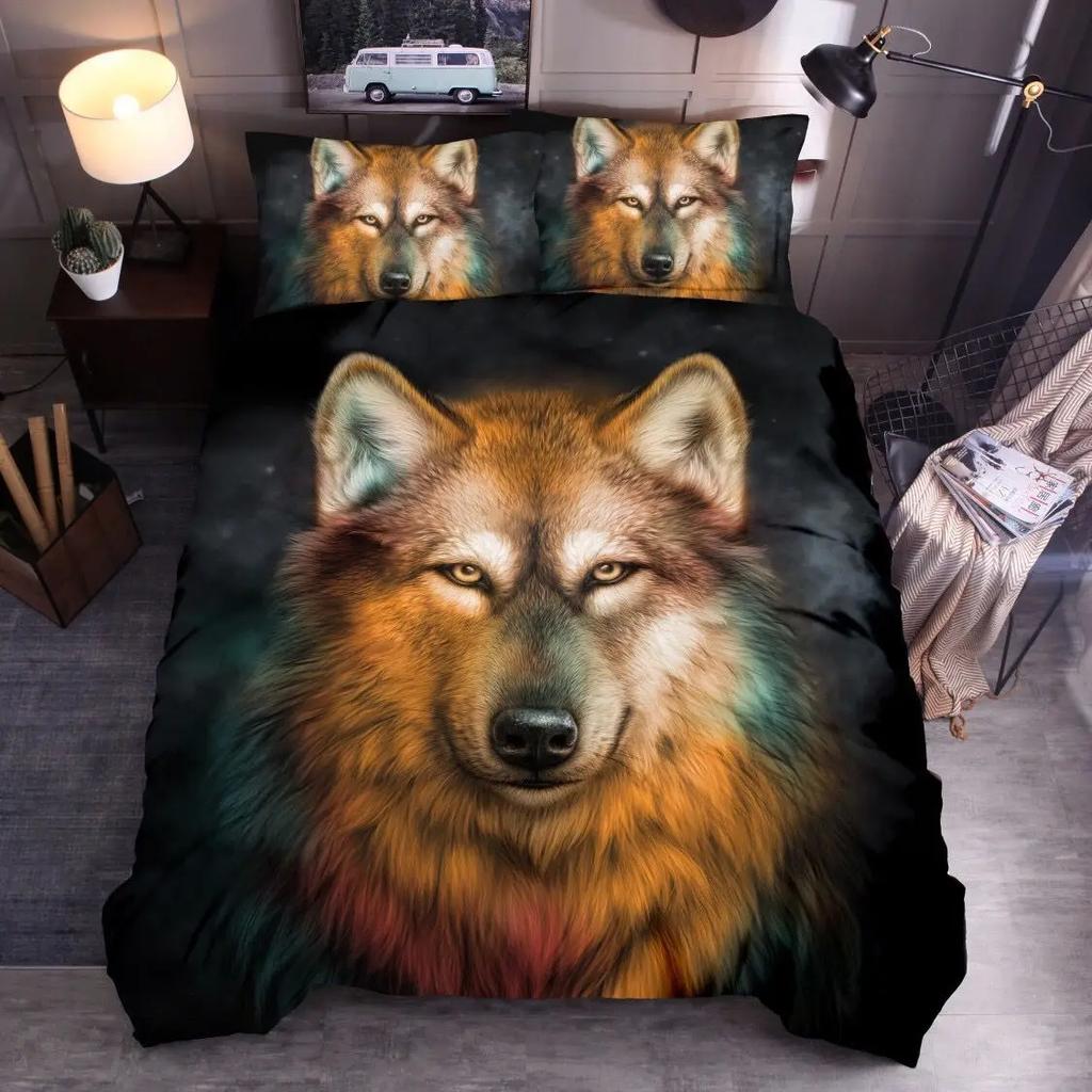 Animal Polyester Duvet Cover Set King Queen Twin Full Size Wild Animals Wolf Lion Fox Tiger 3D Print For Boys Bedding Set