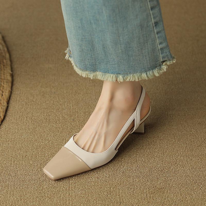 Passende Schafsleder-Taschenhenkel-Sandalen Damen quadratische Zehenpartie dicker Absatz High Heels Temperament Muse-Stil Sommer