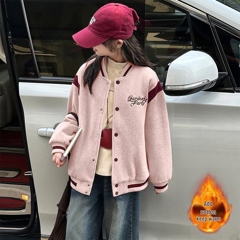 

Девичья стеганая шерстяная бейсбольная куртка на осень/зиму 2025 – Модная, утолщенная повседневная куртка для детей среднего и старшего возраста. 160 cm