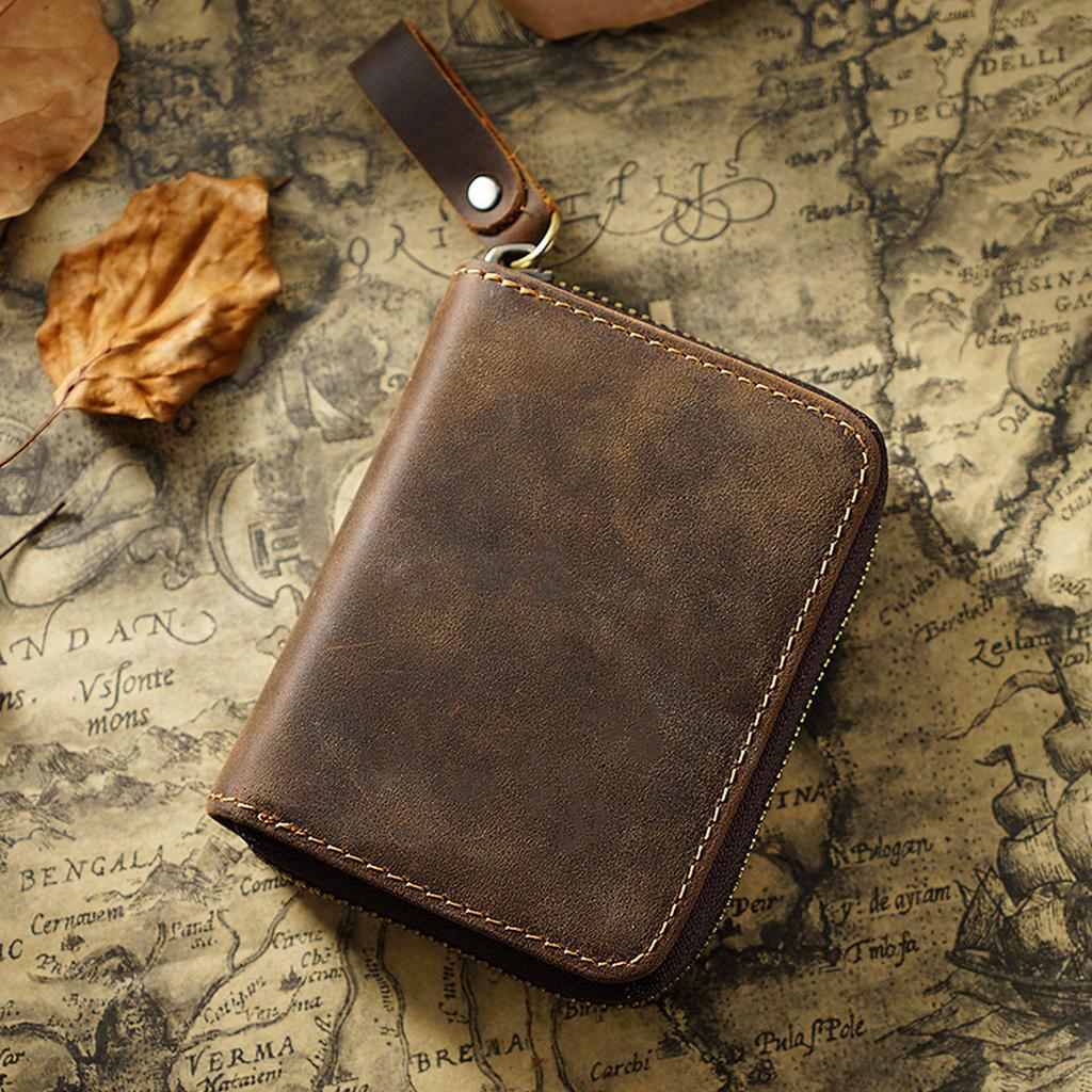 Genuine Leather Cowhide Card Holder Wallet RFID ID Card Holder Zipper Short Purse Organ Card Case Bag