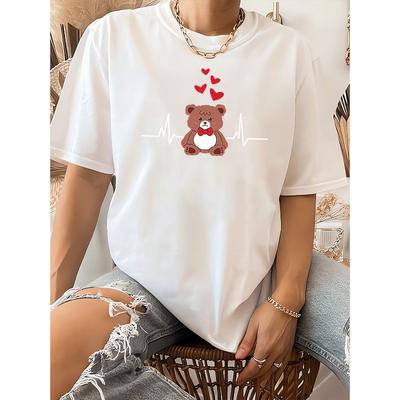 Europäische Größe Damen Kurzarm Herzbär Druck Rundhals Lässig Elegant Romantisch Sommer T-Shirt | Mode Pendeln Urlaub Täglich Lässiges Oberteil