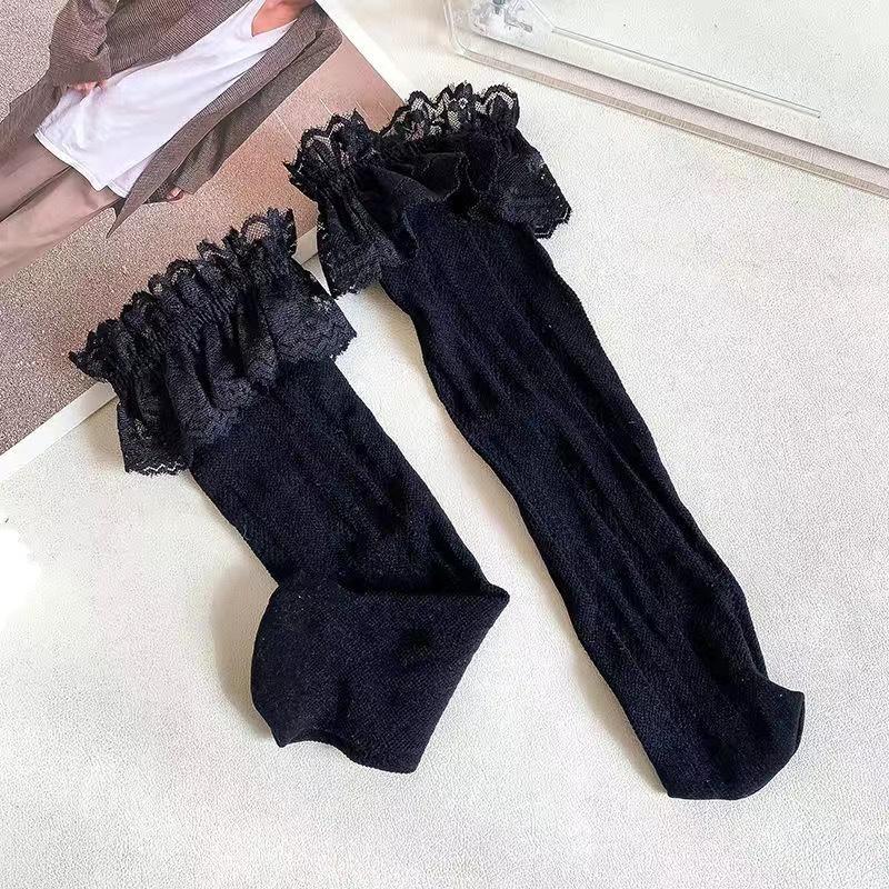 1 Pair New Children Lace Stockings Bow Girl Calf Socks Summer Thin Breathable Design Beige Children Mid Tube Socks