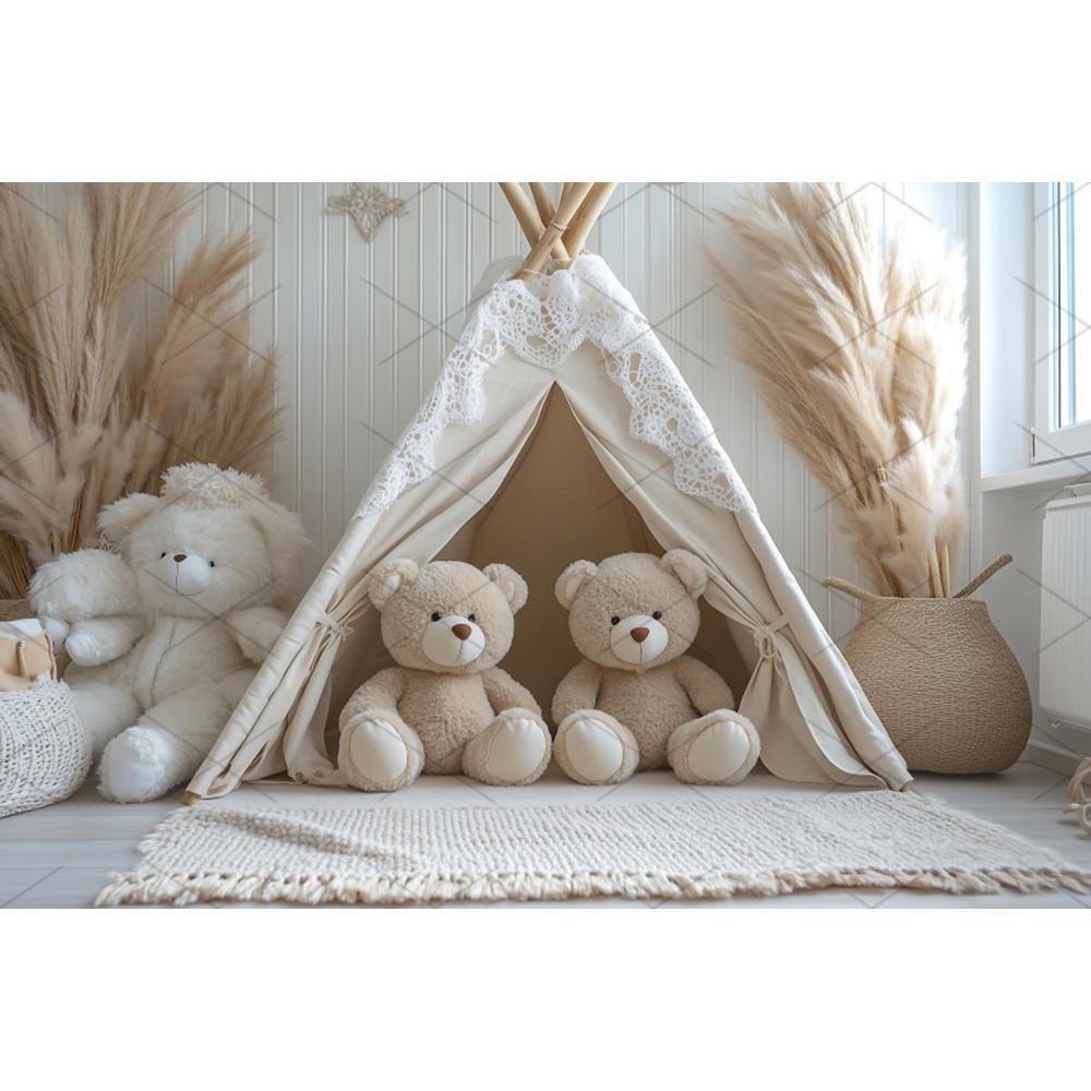 Boho Pampas Teddy Bear Photography Background Balloons Arch Tent Decor Cake Smash Baby 1st Birthday Indoor Photocall Backdrops