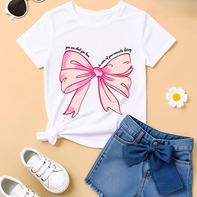 Girls Crew Neck Short Sleeve T-Shirt with Pink Bow Print