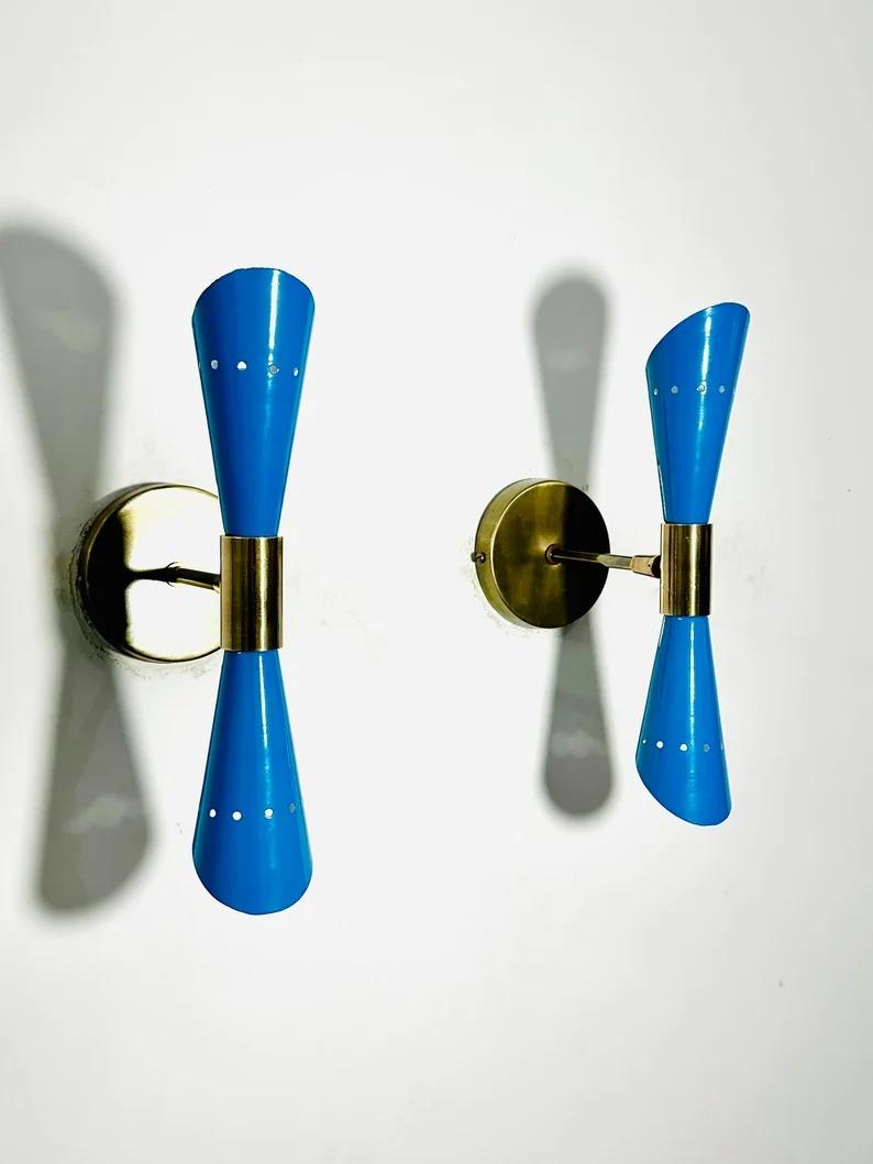 

1950s Mid Century Blue Diabolo Brass Wall Sconces - Italian Style Pair синій