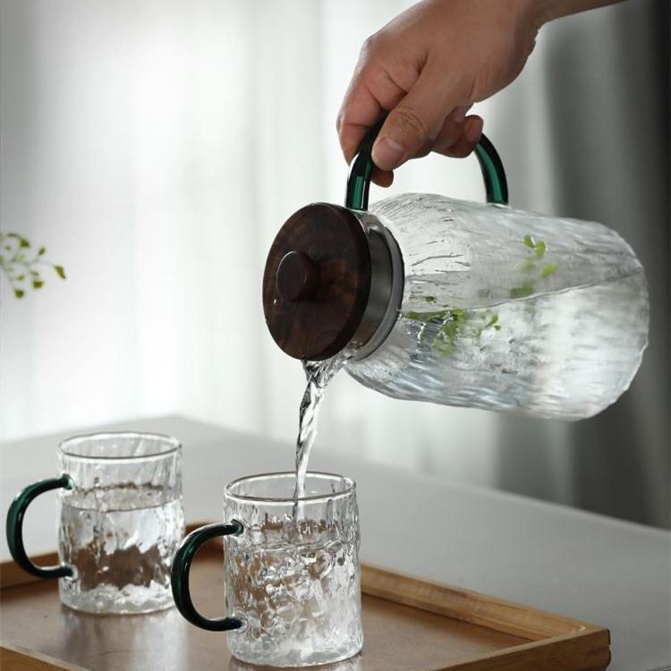 Japanese Style Glass Cold Water Kettle Wooden Cover Bark Pattern Glass Juice Drink Kettle Set Large Capacity Cooling Boiled Water Kettle