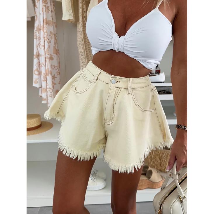 2026 Verano Nuevos Pantalones Vaqueros Casuales Elásticos en la Cintura con Borde Deshilachado, Pantalones Cortos de Mezclilla de Corte A