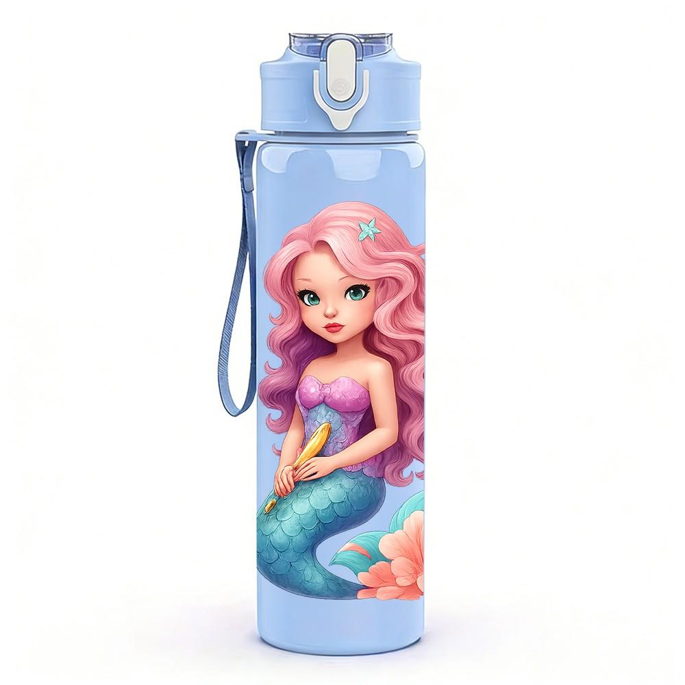 1pz Sirena Oceano Cartone Animato Arte 750ml Colore Plastica Borraccia Sportiva Tappo a Vite con Cannuccia Anti-perdita Adatta per Sport Ufficio Uso Domestico