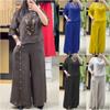 Three Quarter Sleeve Two Piece Set with Button Detail Wide Leg Pants