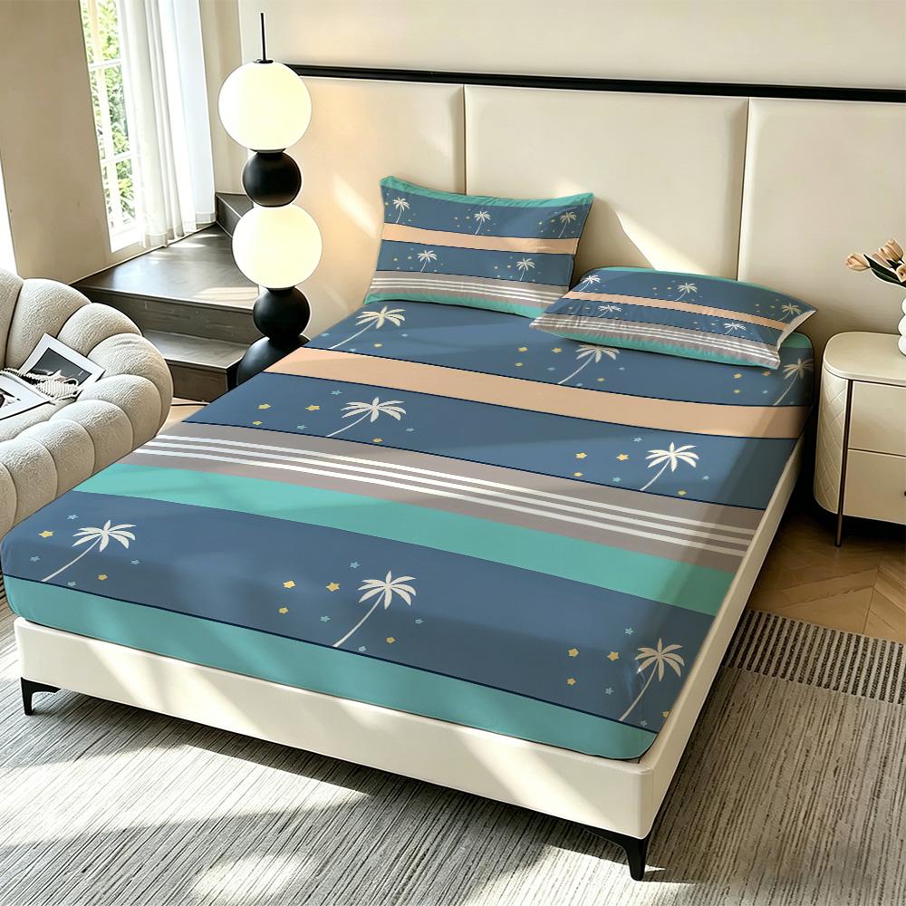 3pcs Beach Vacation Coconut Tree Print Coreless Bed Sheet Set Multiple Sizes Soft Bed Covers, Bedroom Bedding Decorations, Gifts