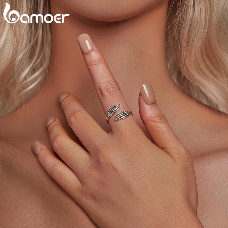 Bamoer 925 Sterling Silver Hug Hand Opening Ring For Women Jewelry Skull Open Ring Vintage Oxidized Silver Simplicity Ring Gift