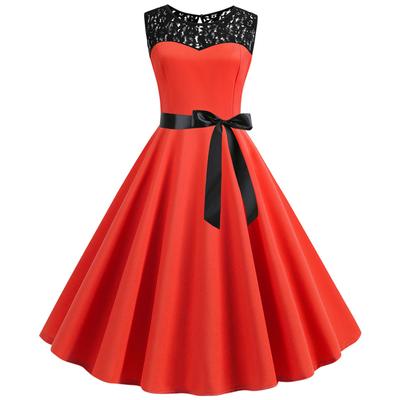 (SU)Women Vintage 1950s Retro Sleeveless Lace Splice Solid Party Prom Swing Dress
