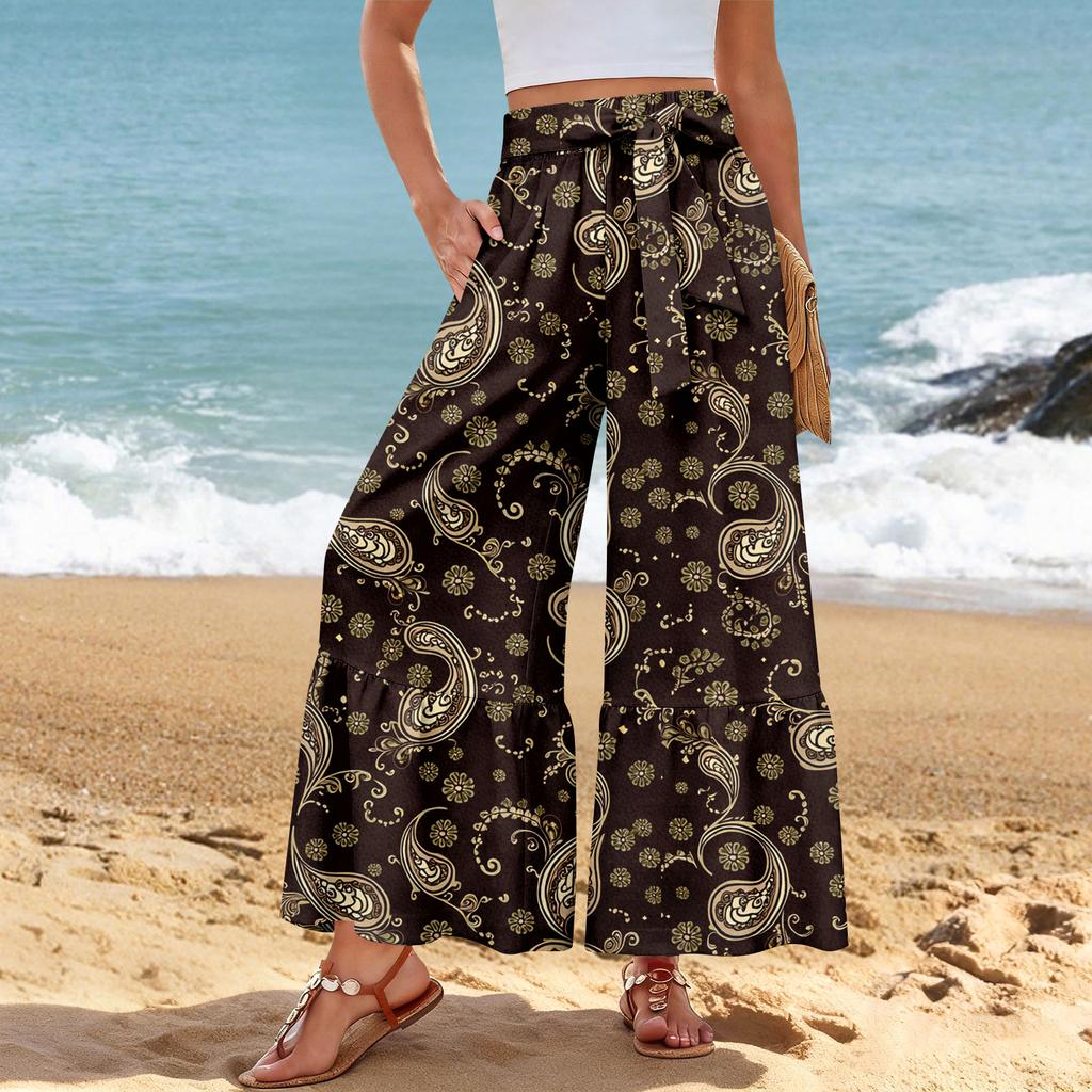 Women's Wide-Leg Casual Pants, Stretch, High Waist, Ruffled Hem, Wide Legs, Belted, And Pockets