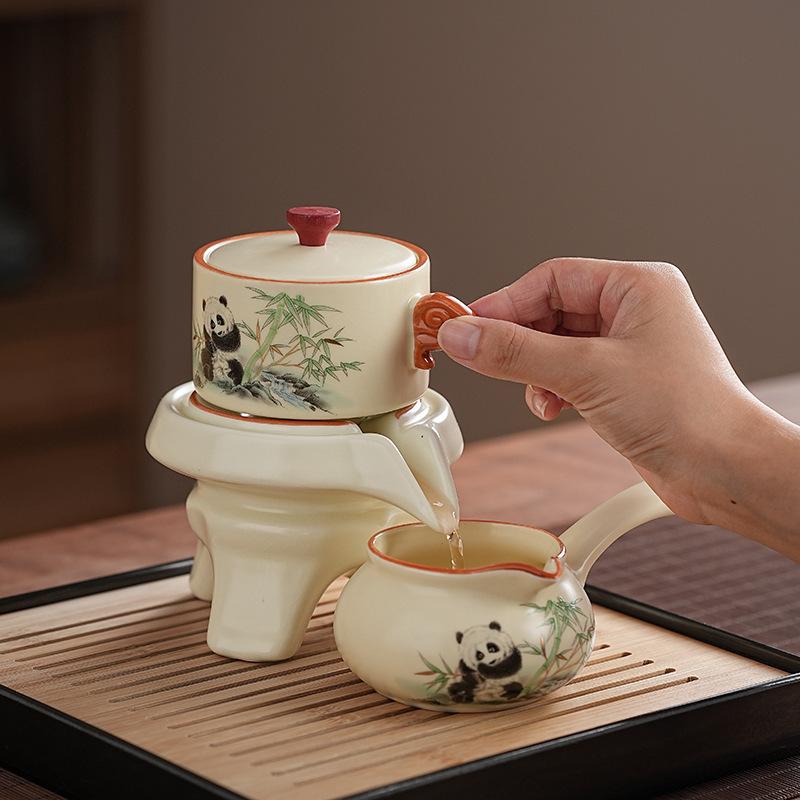 Ru kiln light luxury automatic artifact household panda anti-scalding tea set lazy stone grinding ceramic teapot