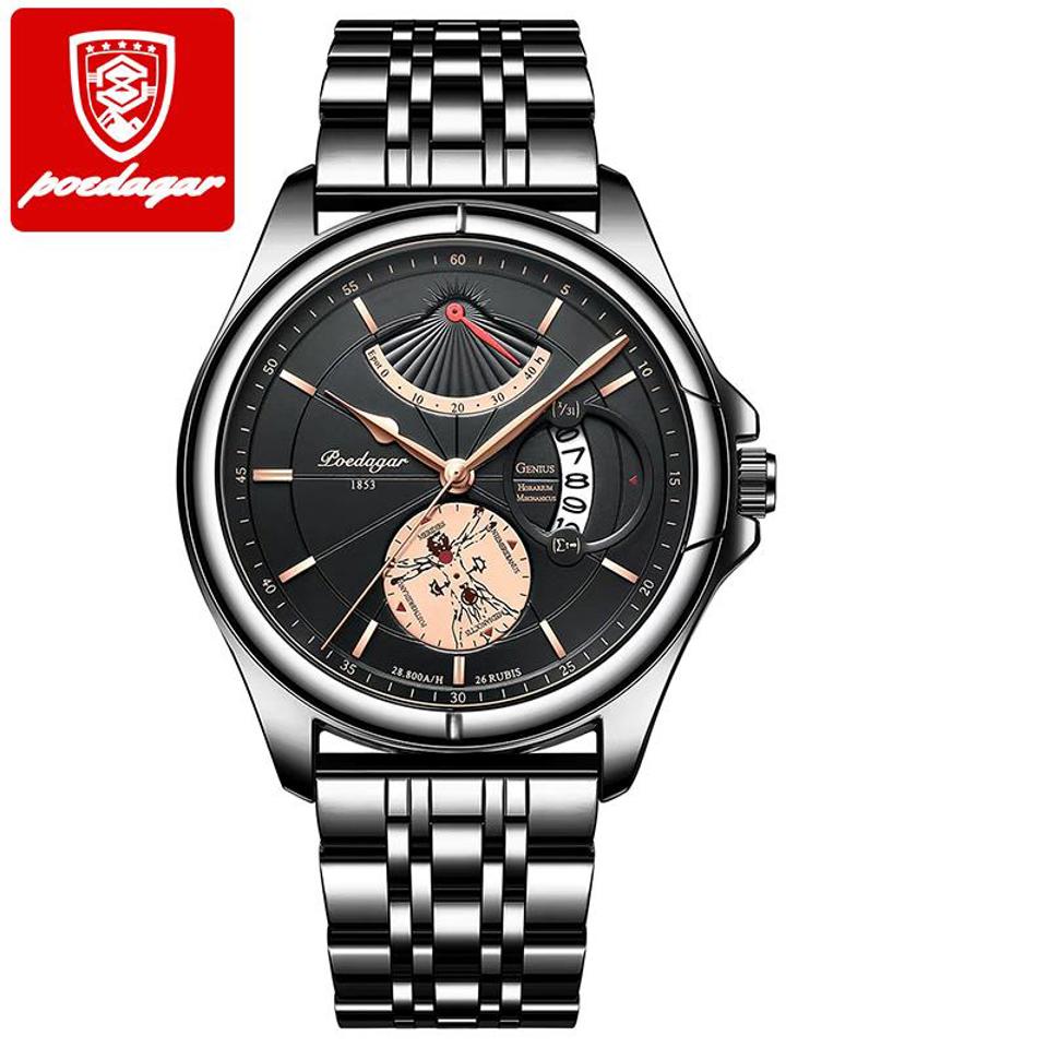 POEDAGAR Men Watch Fashion Top Luxury Sport Wristwatch Waterproof Luminous Leather Date Quartz Man Watches + Box