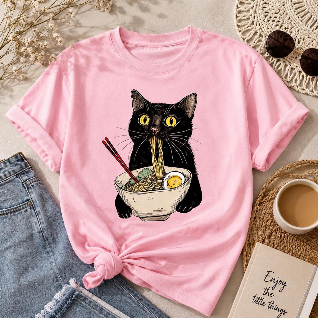 Pink Cat Ramen T-Shirt, Kawaii Noodle Cat Graphic Tee, Japanese Food Lover Shirt