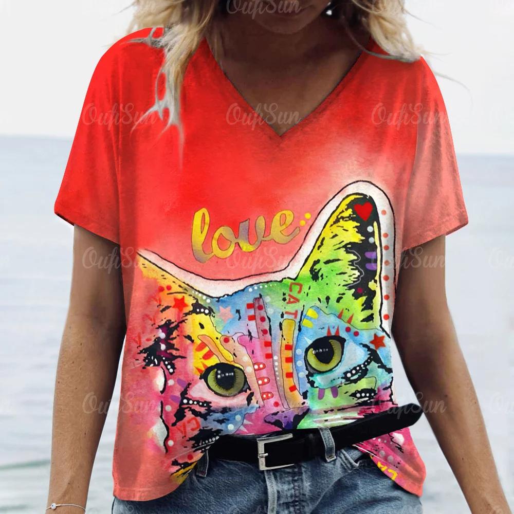 

Летняя женская модная футболка с рисунком мультяшного кота, топы с V-образным вырезом, футболки, женская повседневная одежда с коротким рукавом, женская винтажная одежда 3XL