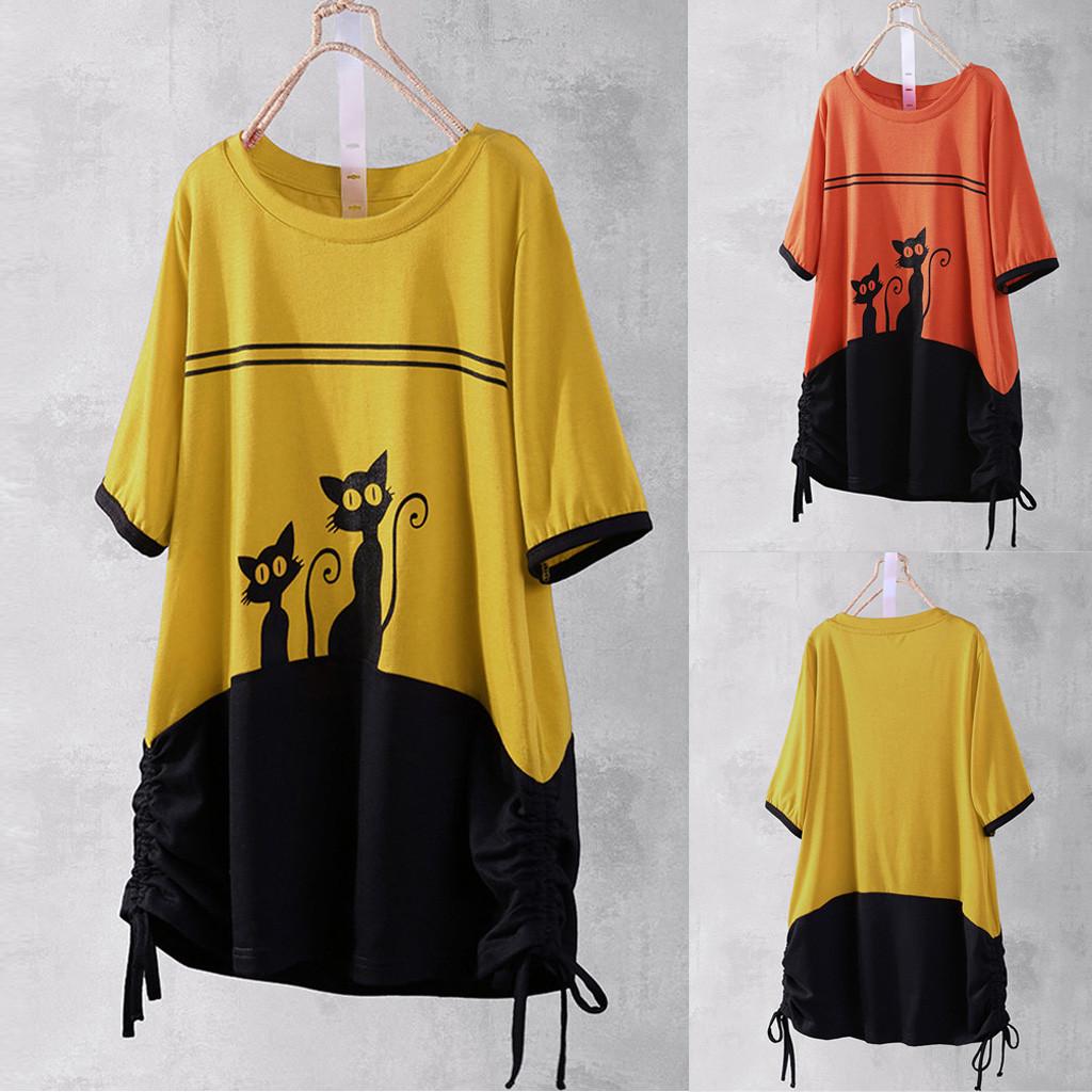 

Women Casual Short Sleeve Splice Cat Print Party Loose Tie Up Blouse Tops Shirt