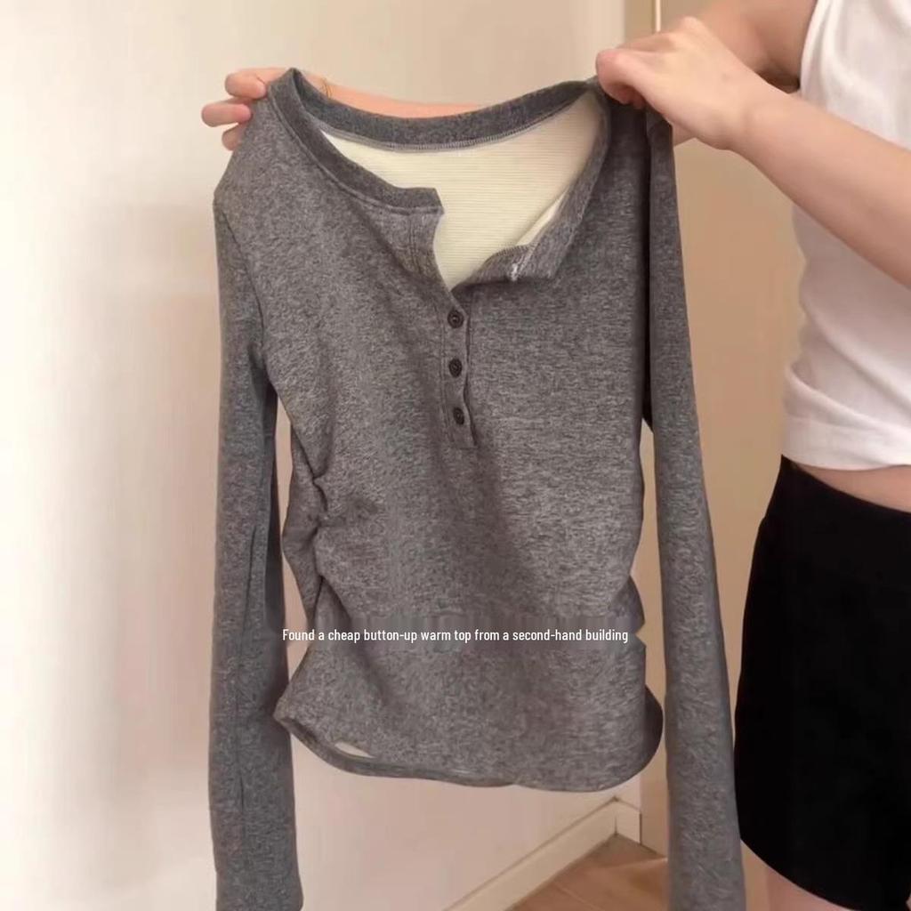 De Rong Women's Plus Velvet Cotton Slim-fit Pleated Top - Heat-generating, Brushed, and Constant Temperature Base Layer for Autumn/Winter.