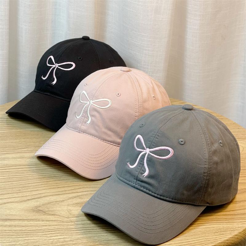 Pink Bow Embroidered Peaked Cap for Women Sweet and Cute Soft Top Baseball Cap