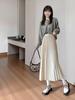 Korean Style Pleated A-Line Skirt for Women, High Waist, Slimming, Plus Size, Medium Long, Apricot - Autumn/Winter.