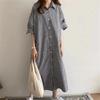 Spring and Summer Super Long Knee Length Checked Shirt Dress