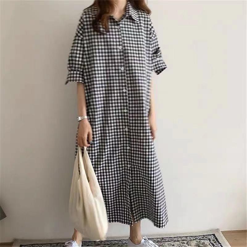 Spring and Summer Super Long Knee Length Checked Shirt Dress