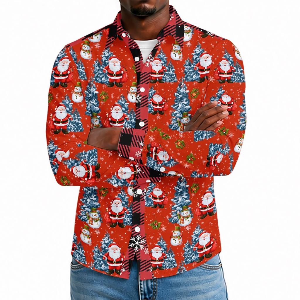 Men's Casual Long Sleeve Shirt with Christmas Print for Holiday Party and Fall