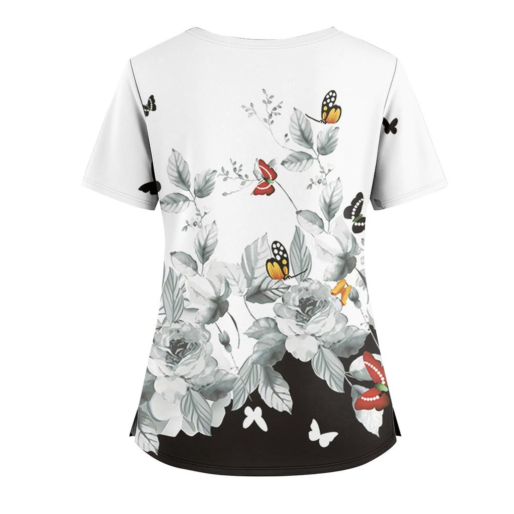 Dames Løs Kortarmet Mote Blomster- og Plante trykk V-hals Kneppbar Sideslisse Topp T-skjorte