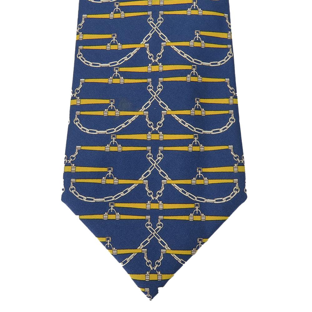 Used HERMES Tie Silk Navy Yellow Overall Handle