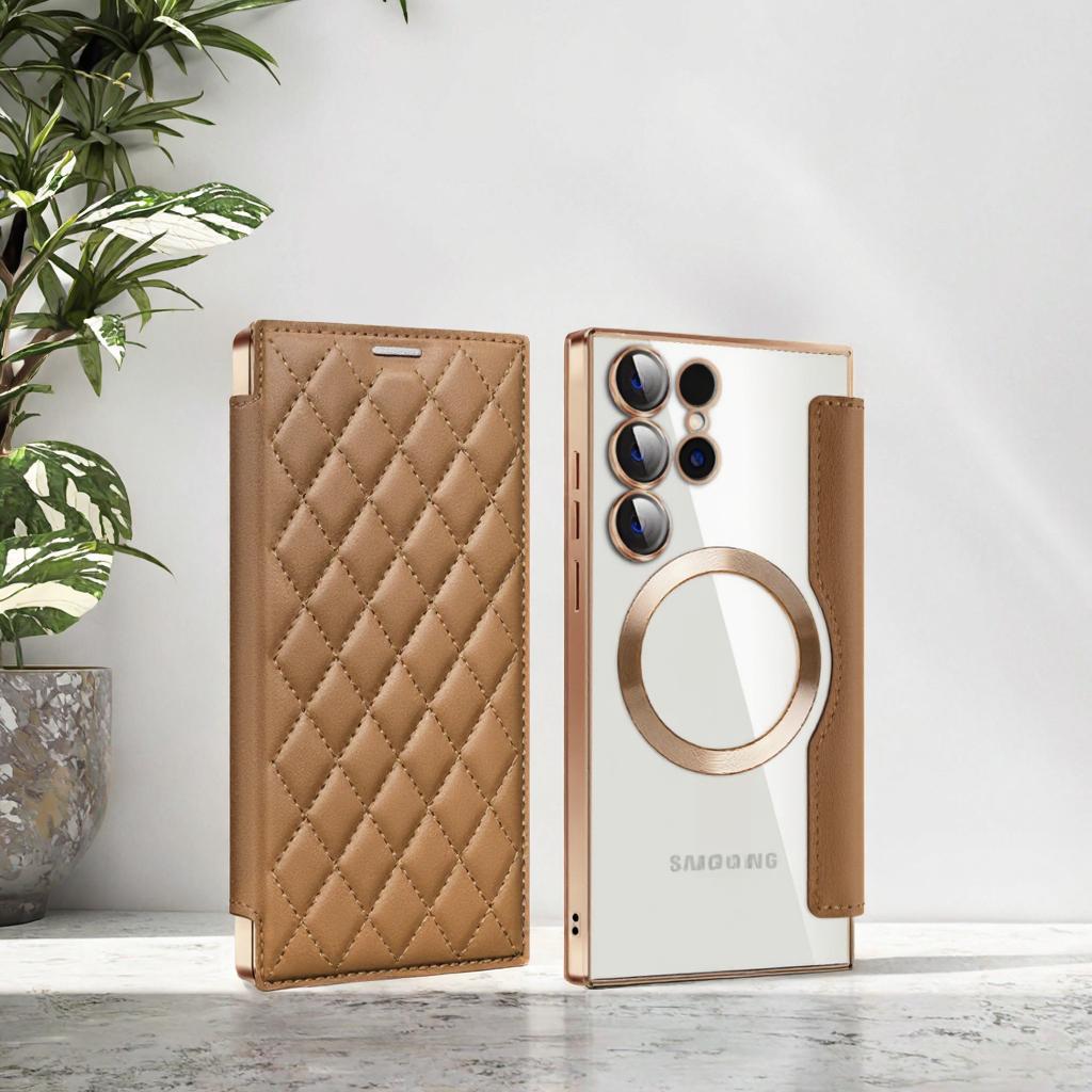 Luxury PU Leather Electroplate Magnetic Card Holder Phone Case for S22 S24 Ultra S25 Plus FE Transparent Shockproof Back