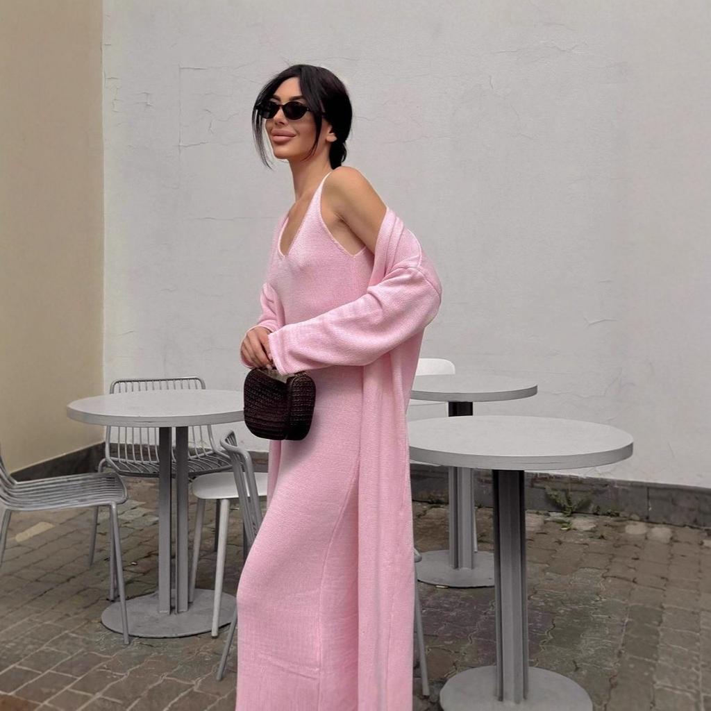 Women's Lounge Set 2 Piece Outfits Knit Bodycon Maxi Dress and Long Sweater Cardigans Sets Fall Winter Long Cardigan Set Cozy Lounge Outfits for Women