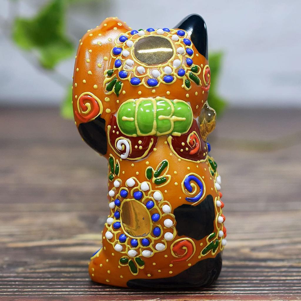 Kutani ware dancing lucky cat with gold coin N-024F