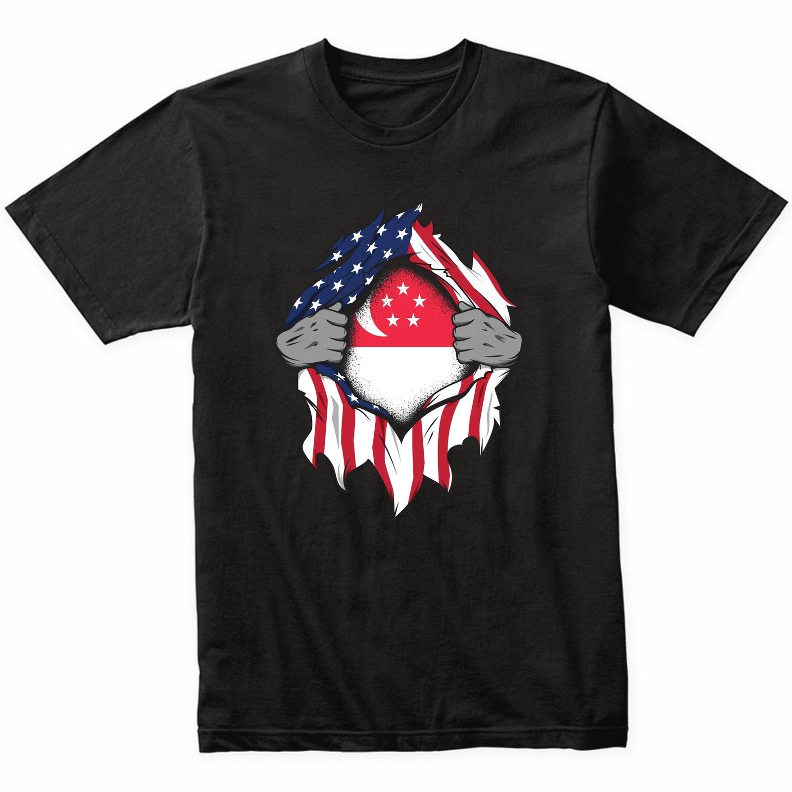Singaporean American Flags Hands Ripping Flag T-Shirt - Singapore Flag Shirt S