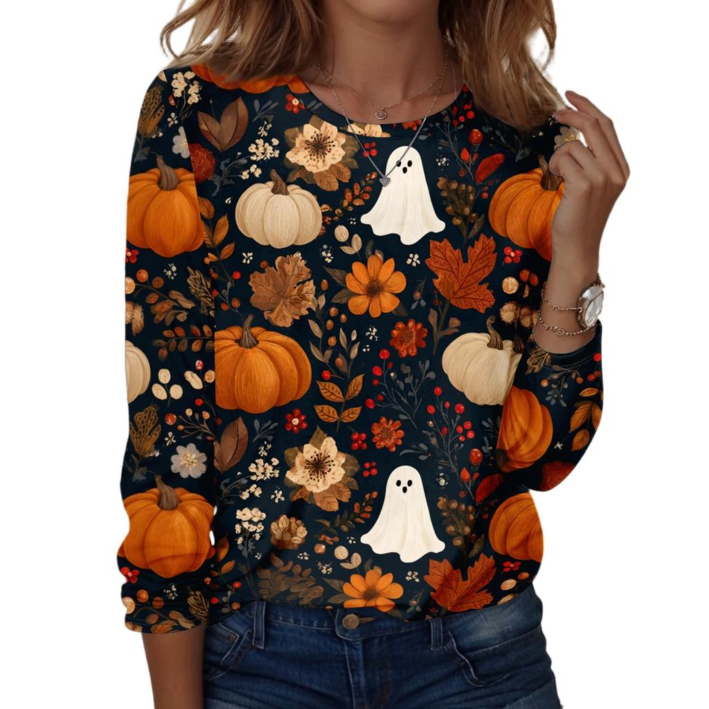 Women's Long Sleeve Casual Pullover Sweatshirt Halloween Ghost Pattern Round Neck Top Lightweight Comfortable Fit