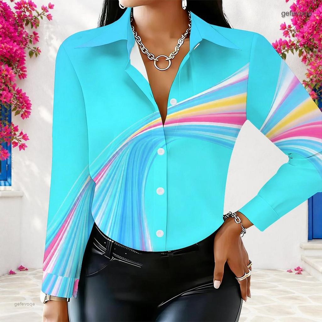 Women Plus Size Collared Long Sleeve Colorful Swirl Print Button Front Shirt